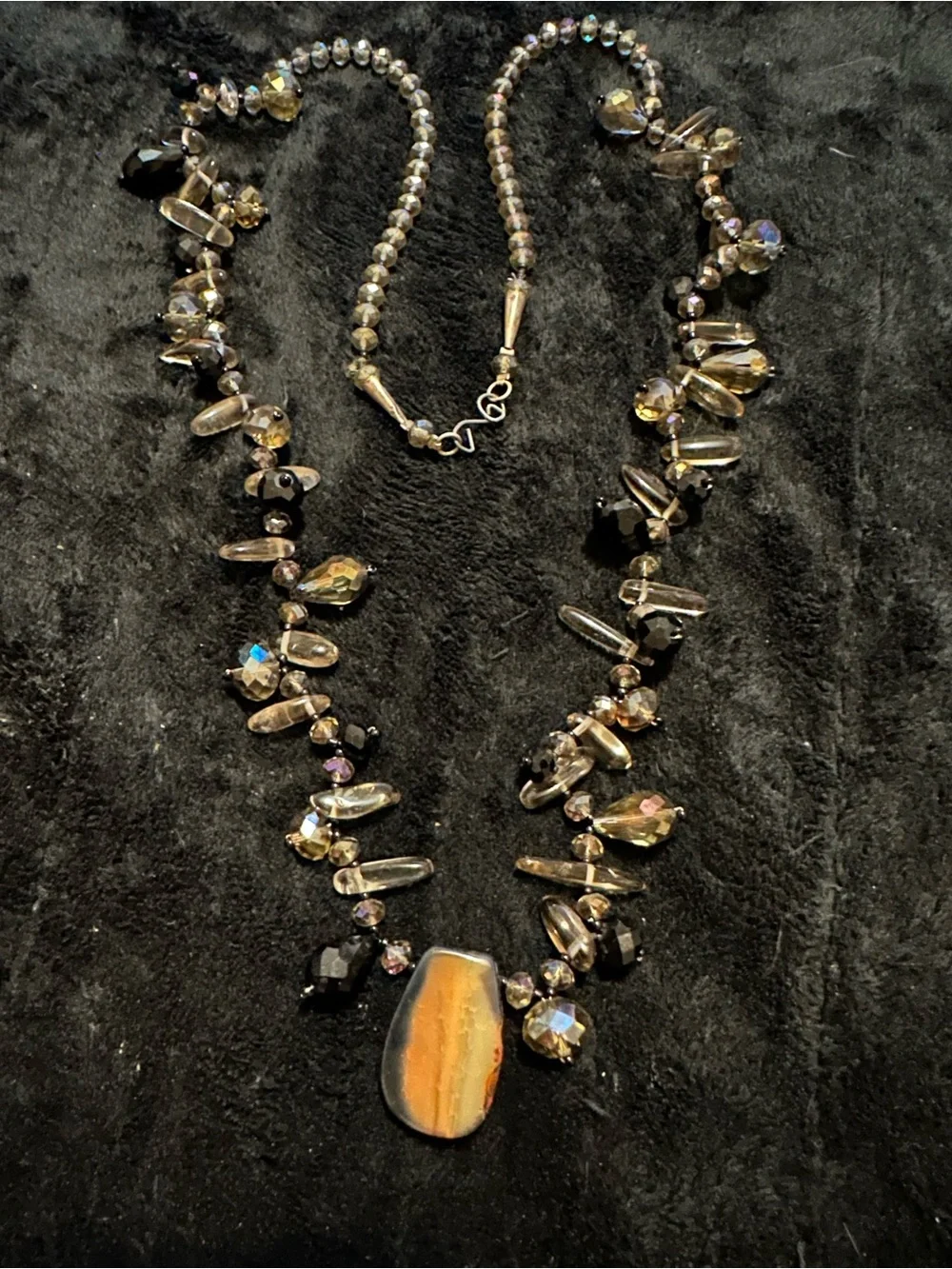 Beaded Agate Pendant Necklace in Smoky Brown and Gold